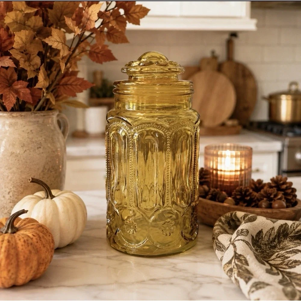 Vintage Golden Amber Glass Canister Cookie Jar Gothic Arch Apothecary 11